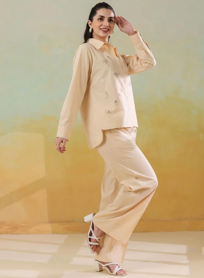 sanskrutihomes Women Cream Embroidered Shirt and Trousers Co-Ords